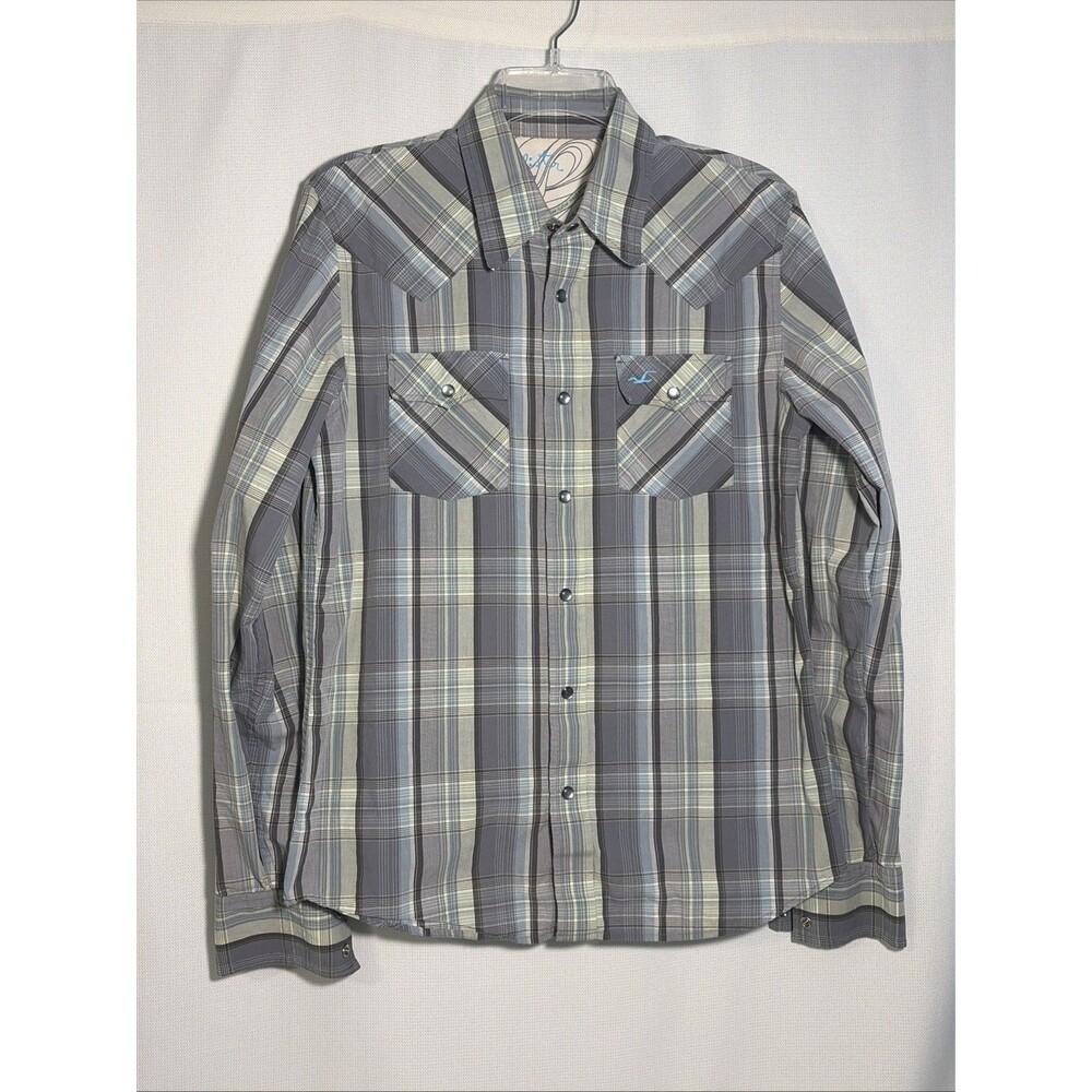 Vintage Hollister Shirt Mens Small Y2K Western Pearl Snap Shirt Long Sleeve Gray